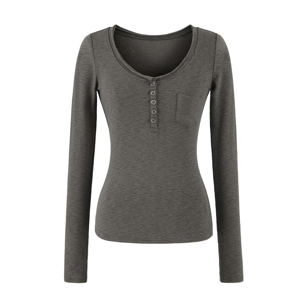 Women's Slim-Fit Long-Sleeve Henley V-Neck Top with Pocket, Stretchy Fine Cotton, Spring/Autumn Style