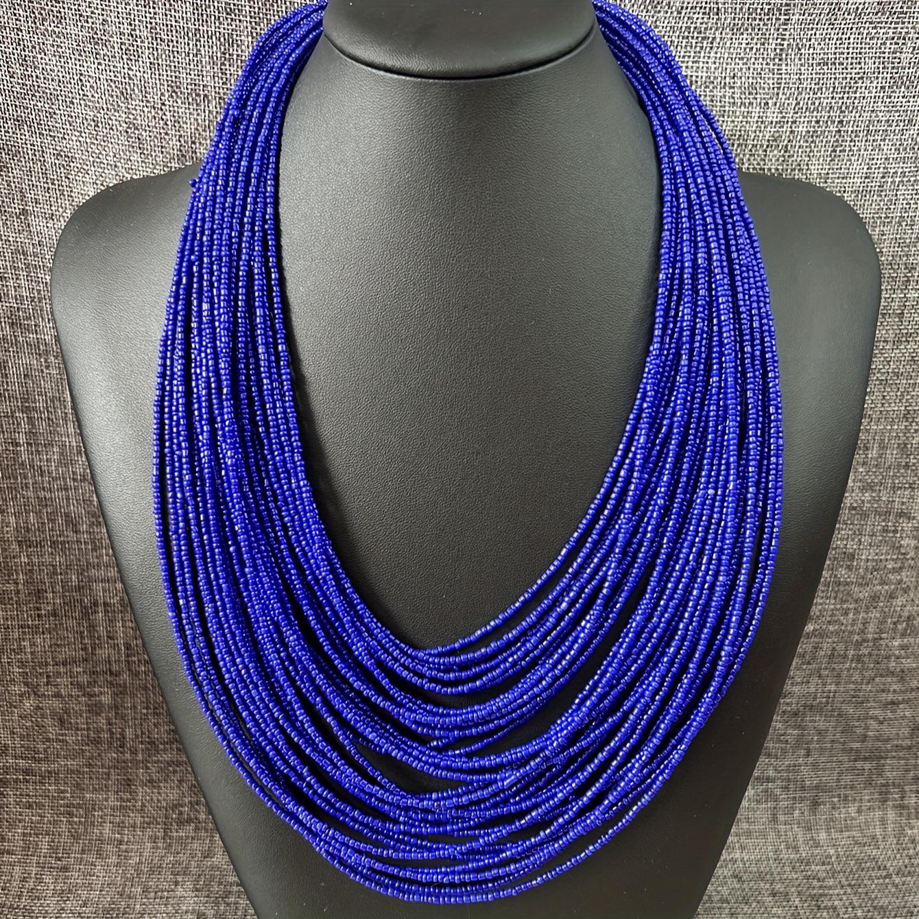 Богемское многослойное ожерелье-чокер с бусинами синий