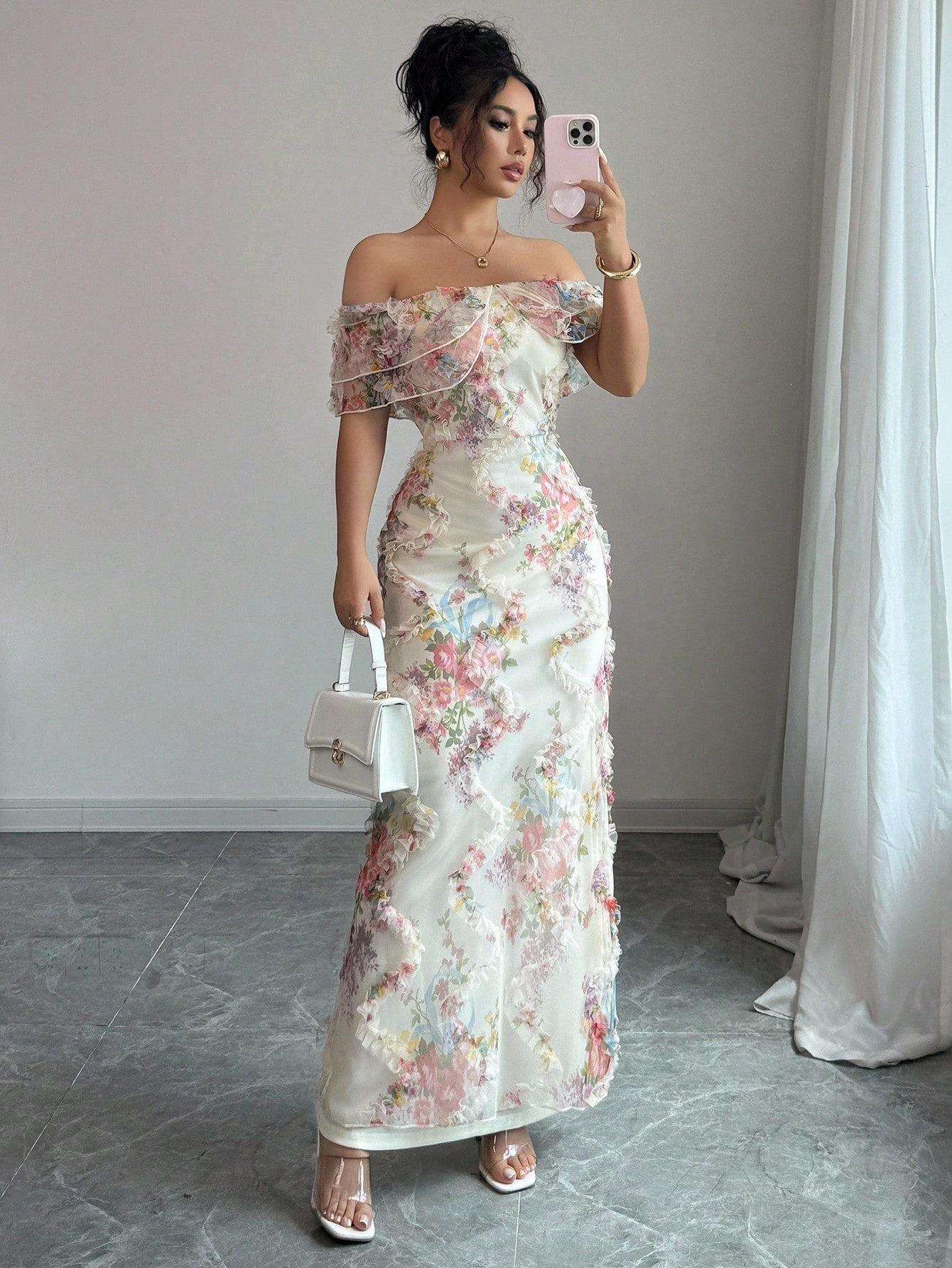 Elegant and romantic ruffled off-the-shoulder, waist-cinching, tight mesh floral dress for women S
