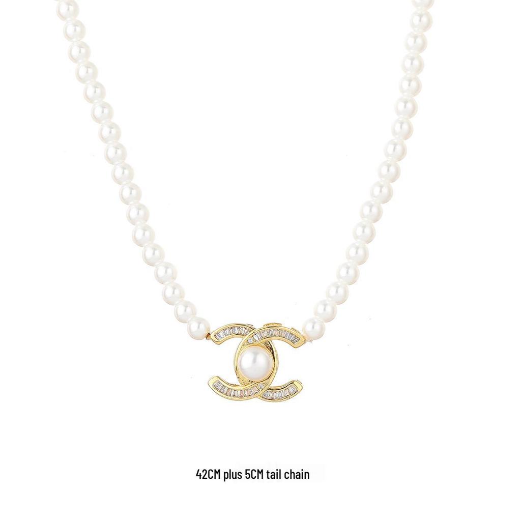 Elegant Double C Pearl Necklace with Zircon Pendant - Versatile Light Luxury Fashion Accessory