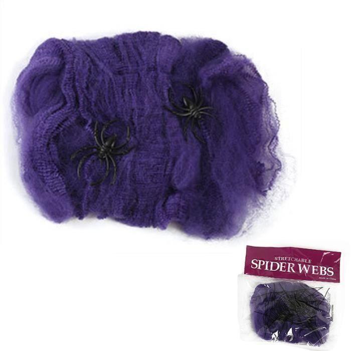 Décoration en toile d'araignée d'Halloween - AIMOONSA - Toile d'araignée extensible - Violet - 100 g - 10 araignées