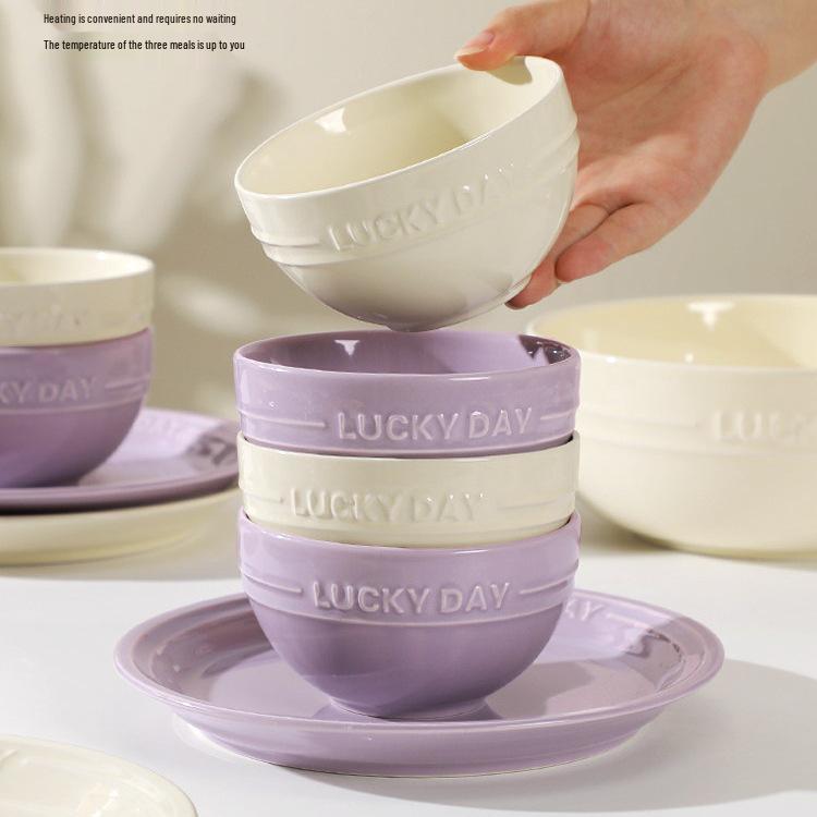 Cream Style Tableware Set: Rice Bowls, Plates, Steak Plates, Thickened Deep Soup Bowls, Fish Plates, and Small Spoons.