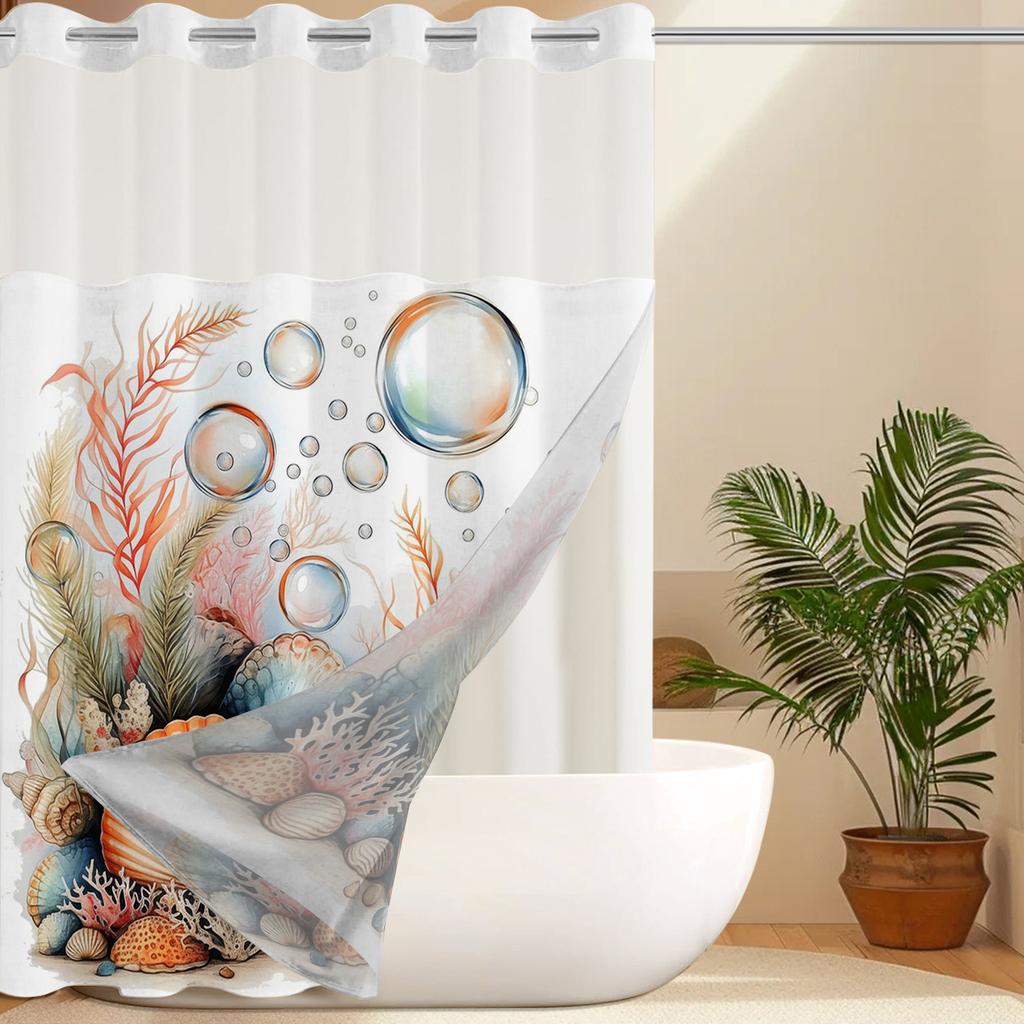 No Hook shells pattern Shower Curtain With Snap-in Fabric Liner, Sheer Top Window, Waterproof Double Layer Bathtub curtain