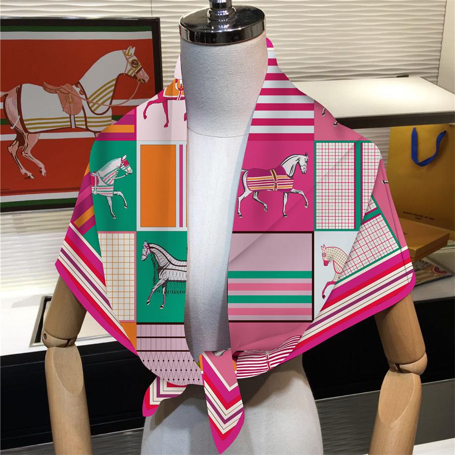 Silk Scarf Women Horse Print Square Scarves Head Echarpes Silk Foulards Femme Wraps Beach Shawl Bandana Lady Hijabs 90CM