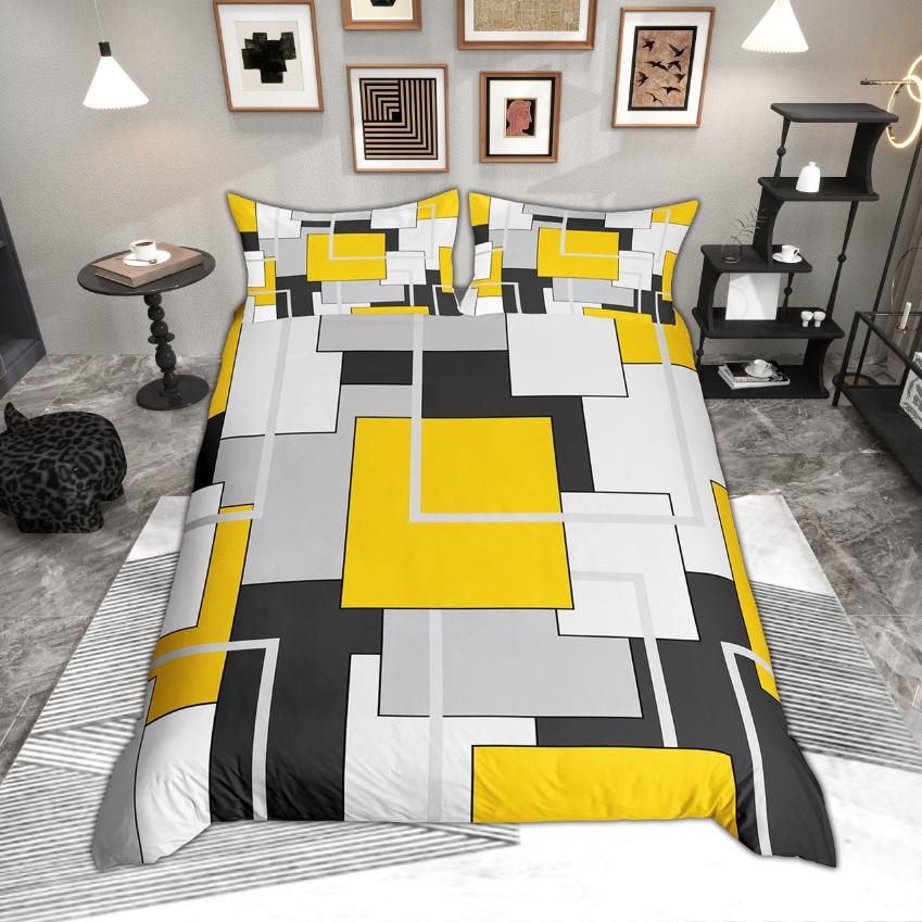 Homewish Modern Geometric Duvet Cover Set, Aesthetic Square Plaid Bedding, Abstract Minimalist Quilt Cover Set