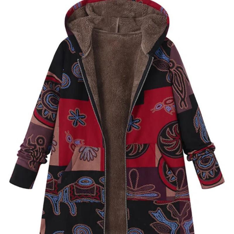 New Autumn Winter Women's Vintage Cotton Linen Coat, Thickened Zip-Up Hooded Jacket with Pockets and Floral Print