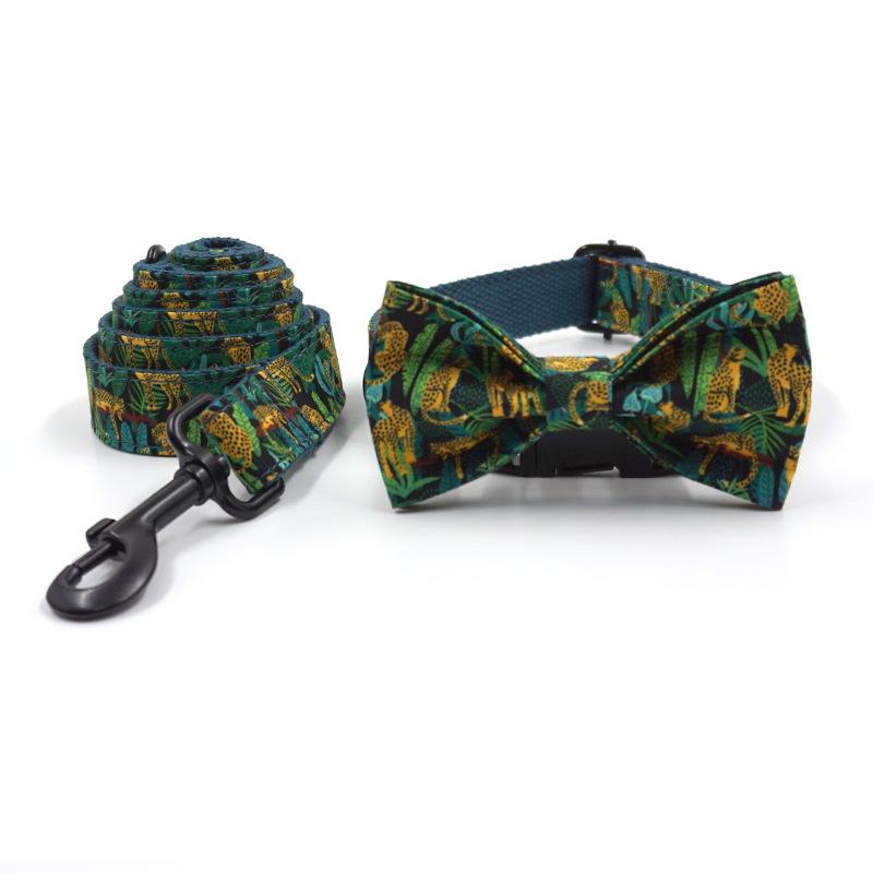 INS Jungle Leopard Pet Collar & Leash Set with Bow Tie for Dogs Small