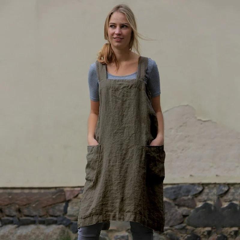 AA Japan Style Cotton Linen Aprons Solid Color Cross Bandage X Shape Back Kitchen Cooking Clothes