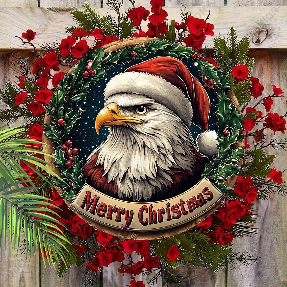 Bald Eagle Santa Hat Christmas Round Wooden Hanging Sign, 2D Flat Printed Holly Wreath Front Door Decor, Merry Christmas Patriotic Wall Ornament Gift