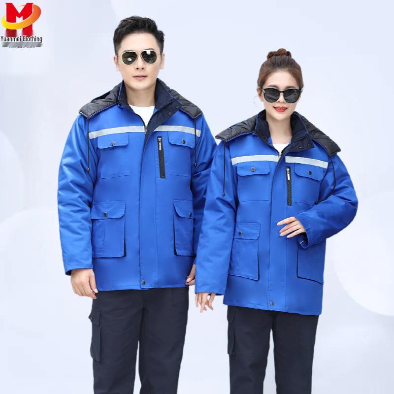 Winter Thermal Work Coat with Reflective Stripes - Insulated, Cold-Proof, Durable for Warehouse & Logistics.