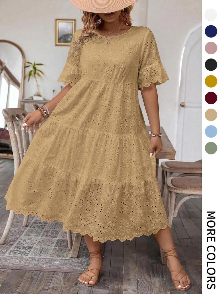 Summer solid color cotton embroidery crew neck lace hollow design dress summer Europe and America