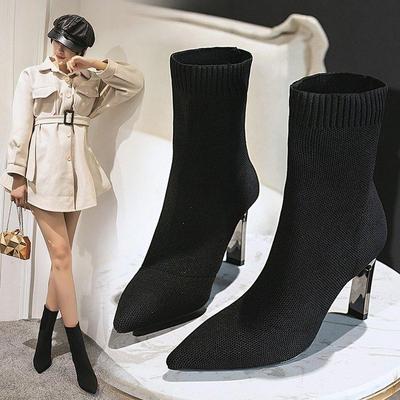 Women Stretch Fabric Elastic Stilettos Heel Pointed Toe Ankle Boots Shoes Woman Boots