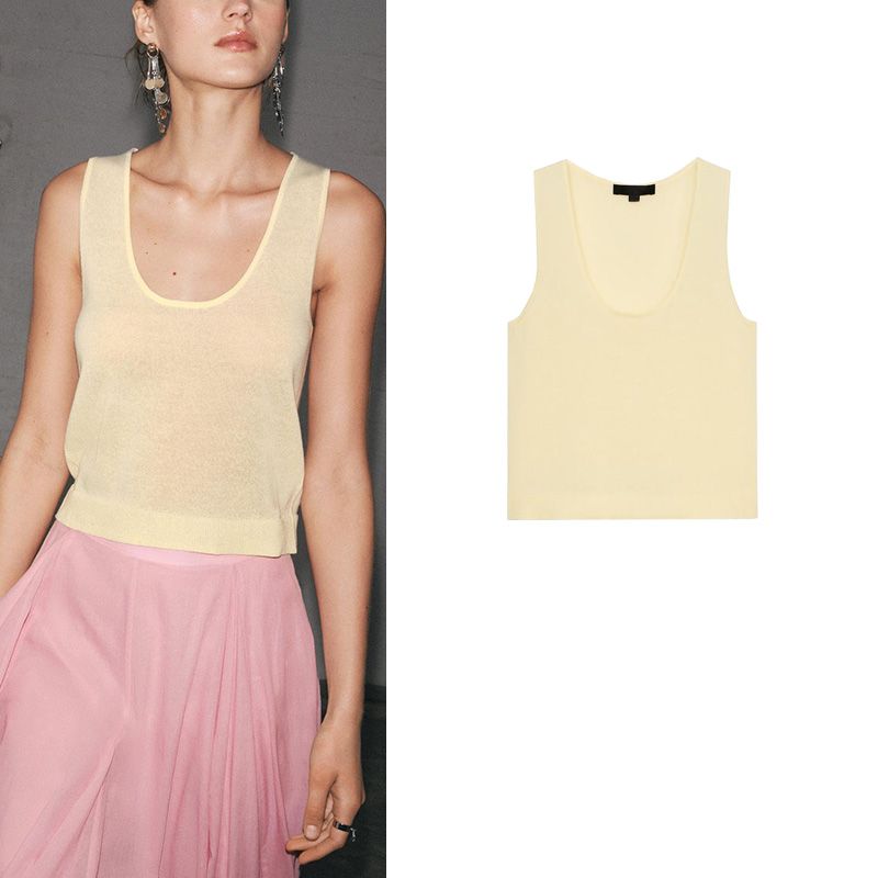 Summer New Product Women's Clothes American Minimalist Style Casual Plain Stitch round Neck Sleeveless Plaid Thin Top 3519039