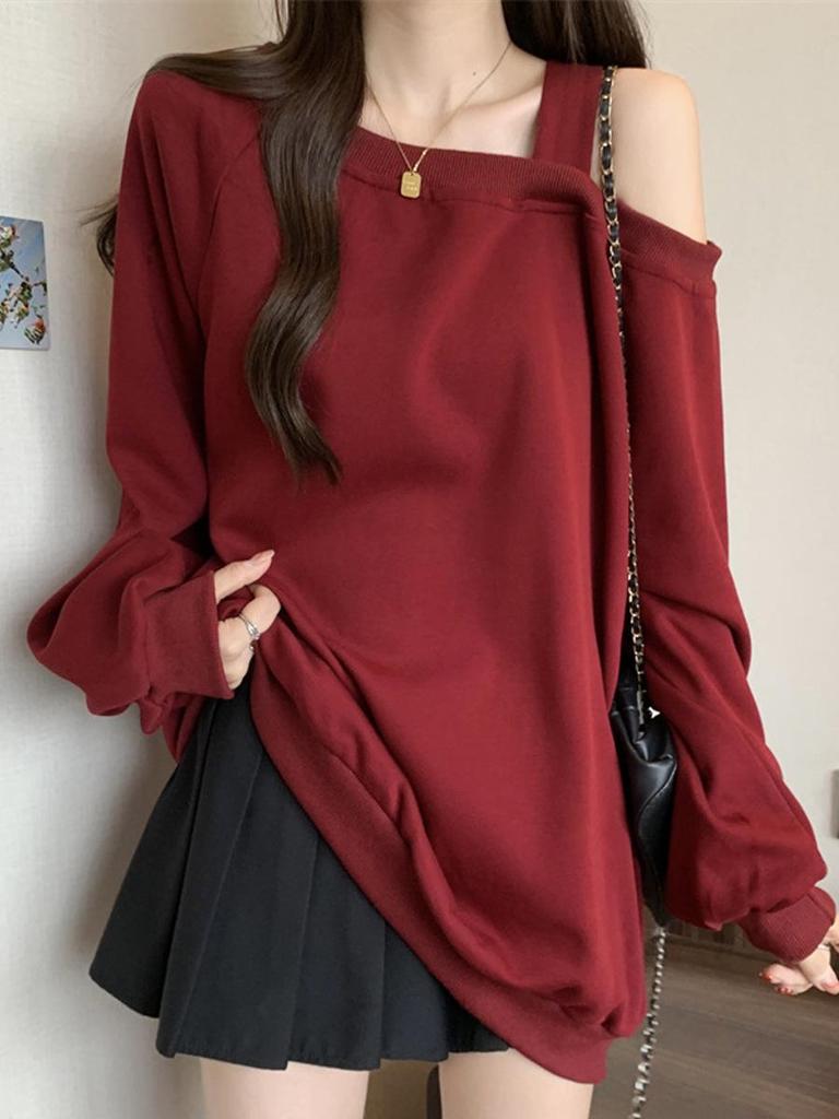 2025 Spring/Autumn Women's Off-the-Shoulder Solid Color Slimming Sweatshirt