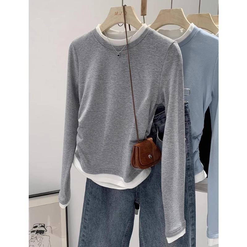 Spring New Round Neck Contrasting Fake Two Pieces Pleated and Thin Irregular Long Sleeves Women Small Age Reduction Trendy Cool