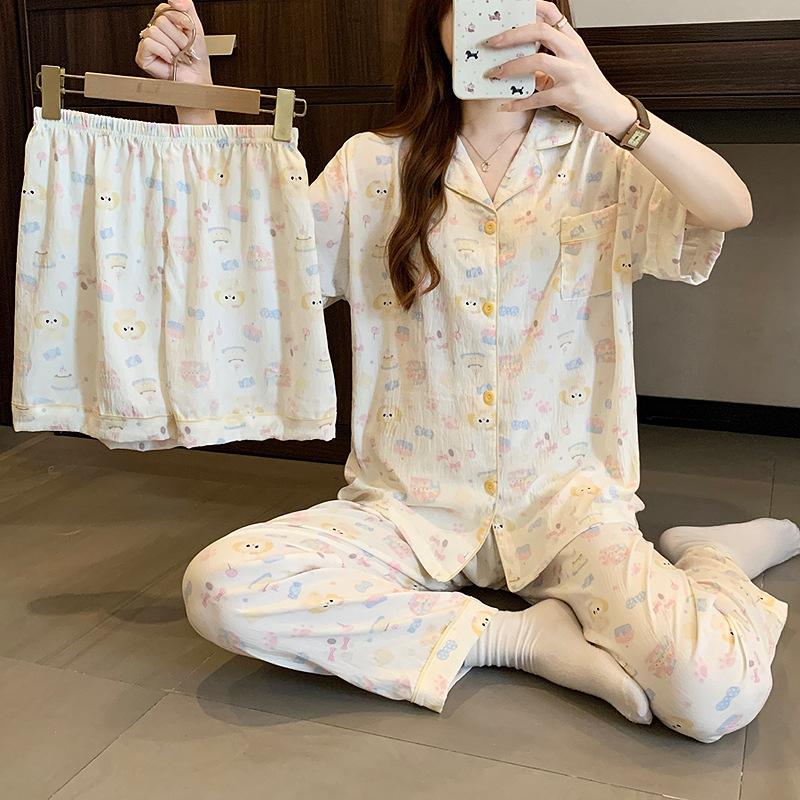 Cute Chef Cake Cloud Cotton Pajamas Women'S Summer Short-Sleeved Cardigan Three-Piece Loungewear