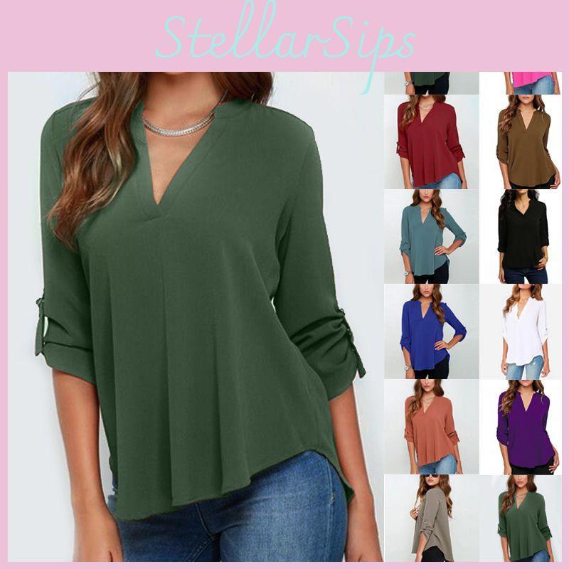 Stylish Women's Casual Long Sleeve V-neck T-shirt Pullover Tunic Blouse Options