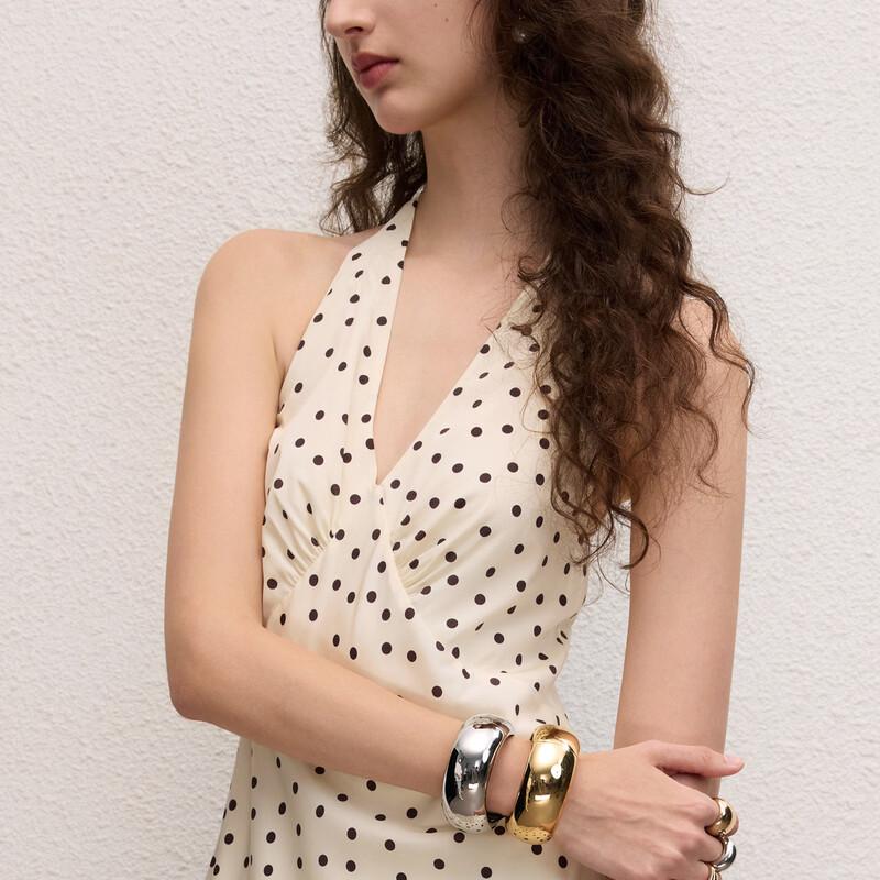 LANGZI 25 Mulberry Silk Polka Dot Halter V-Neck Sleeveless Maxi Dress
