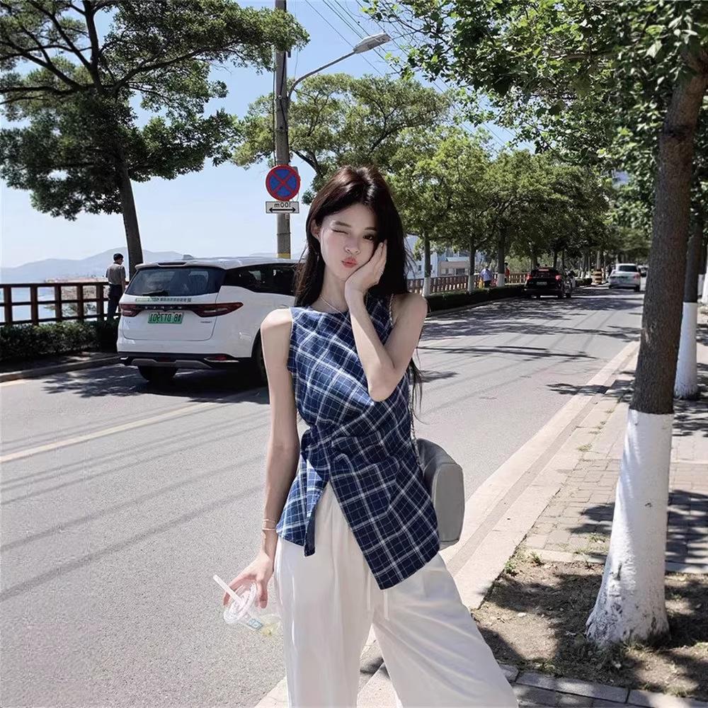 Women s Summer Retro Irregular Plaid Vest with Cinched Waist Extra Large синий
