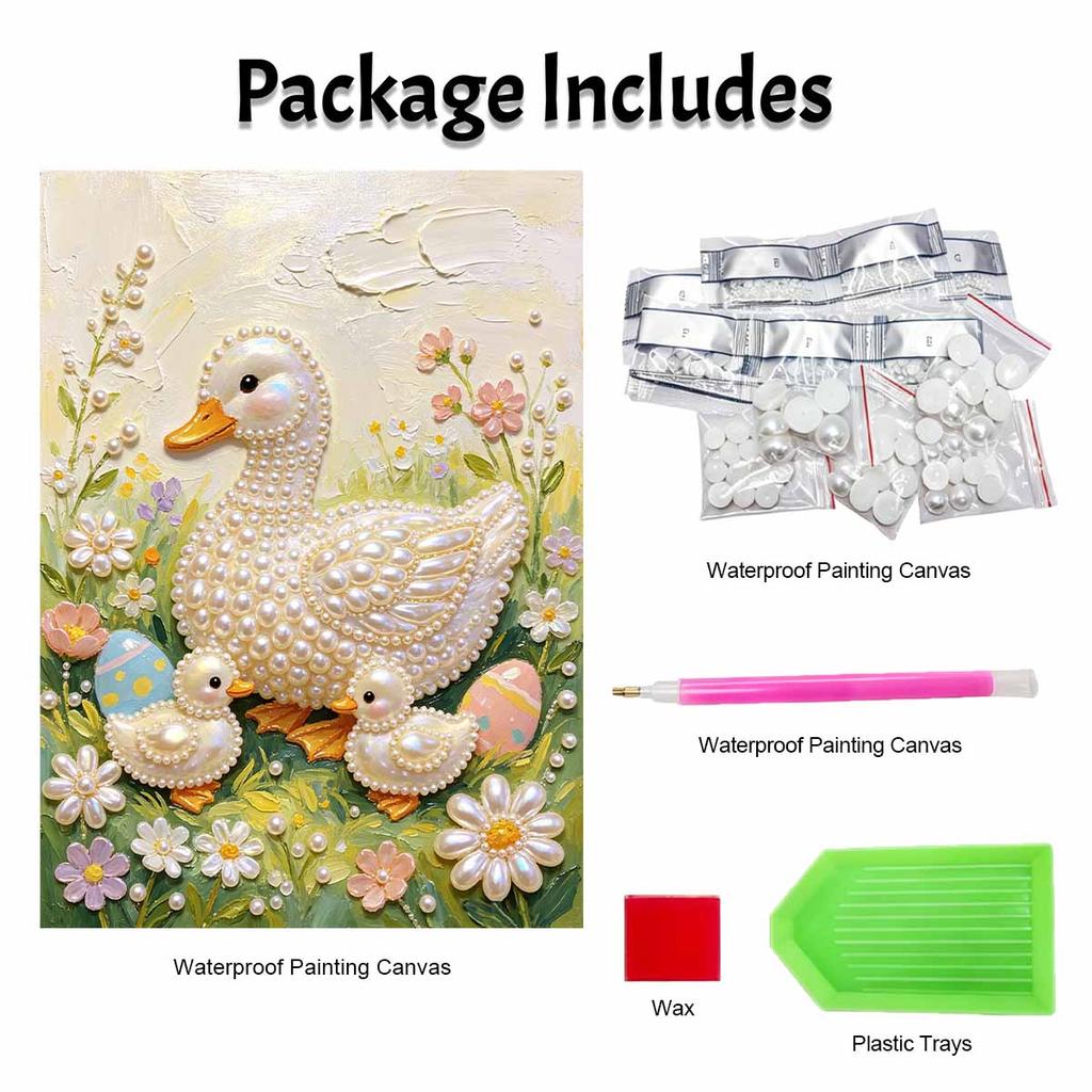 DIY Frameless Pearl Painting Kit Duck Family 3D Shiny Bead Art Canvas Relaxing Creative Craft for Home Wall Decor Gift