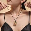 Qiong Yao Stainless Steel Curved Pendant Necklace with Black Leather Cord, Adjustable Length, Simple High-End Design for Women.