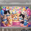 Arazzo di Compleanno 2D con Gatti Carini, Cappelli da Festa, Torta e Palloncini Colorati, Decorazione Murale