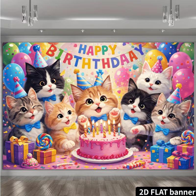 Arazzo di Compleanno 2D con Gatti Carini, Cappelli da Festa, Torta e Palloncini Colorati, Decorazione Murale