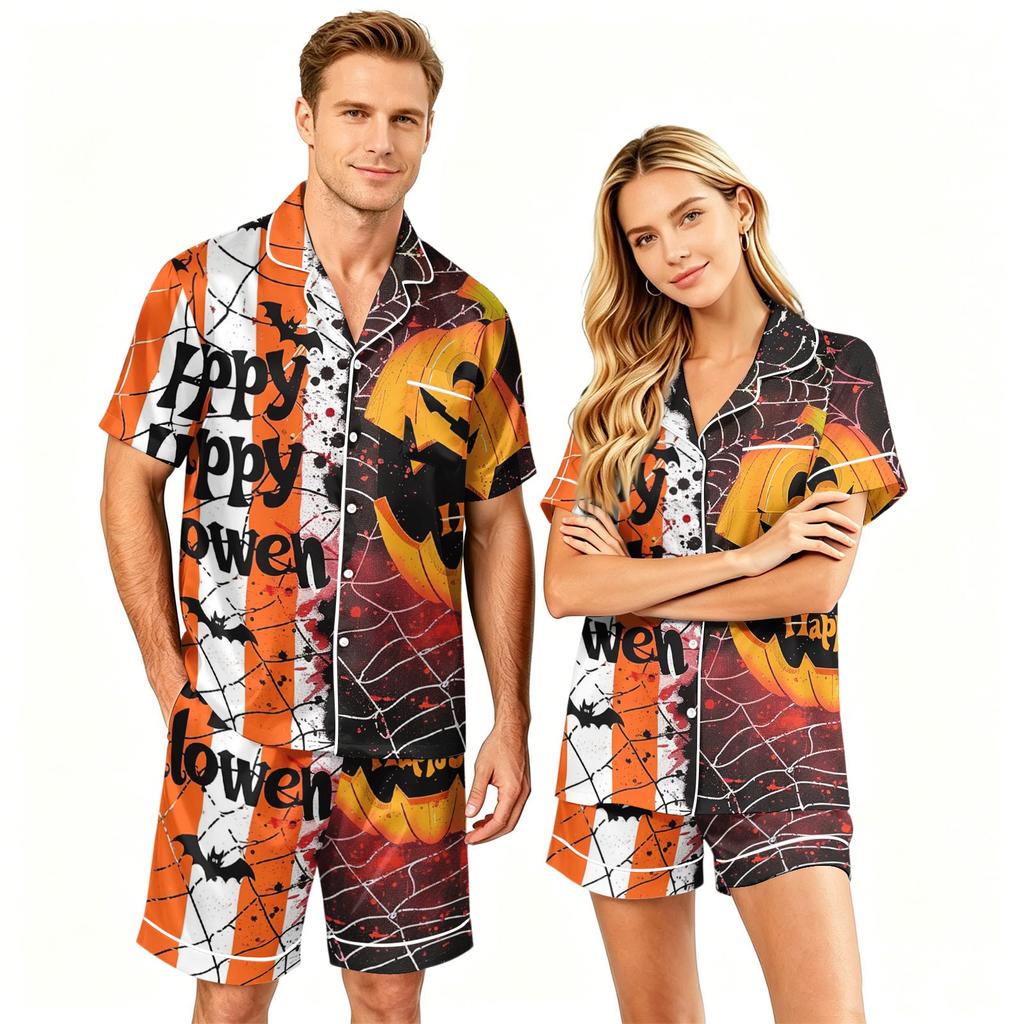 Couples Halloween Pajama Set Short Sleeve Button Down Shirt and Shorts Pajamas Soft Casual Sleepwear S To XXXXL Matching Loungewear