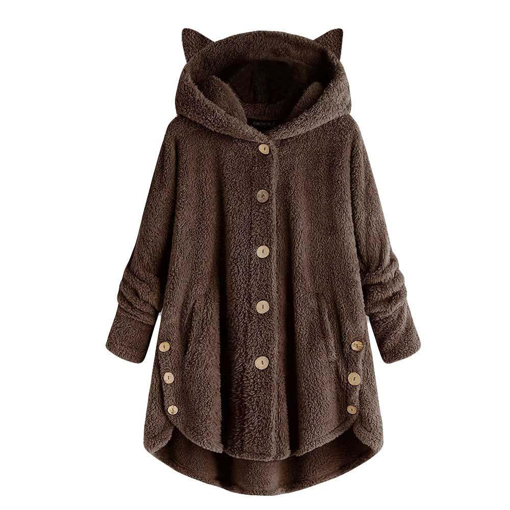 Amazon 2025 Autumn and Winter European and American Buttons Hooded Cat Ears Plush Top Irregular Trendy Brand Solid Color Coat Women