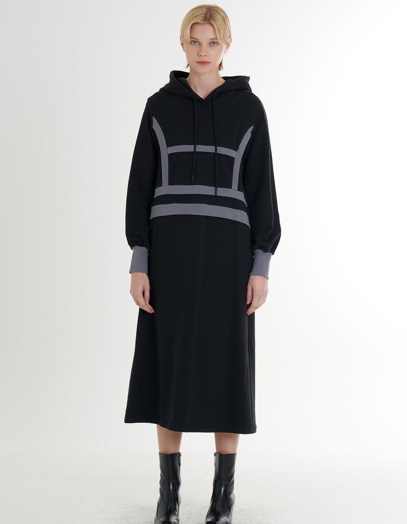 FREAKS BY KIMTAEHOON Cotton Spandex Terry Bag Brushed Fleece Structured Color Block Rib Detail Hooded Midi Dress _Black