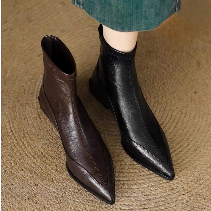 Women's Pointed Toe Block Heel Ankle Boots  AW New - Slim Elastic Fashion, Real Leather Feel, Trendy Cold-Season Footwear