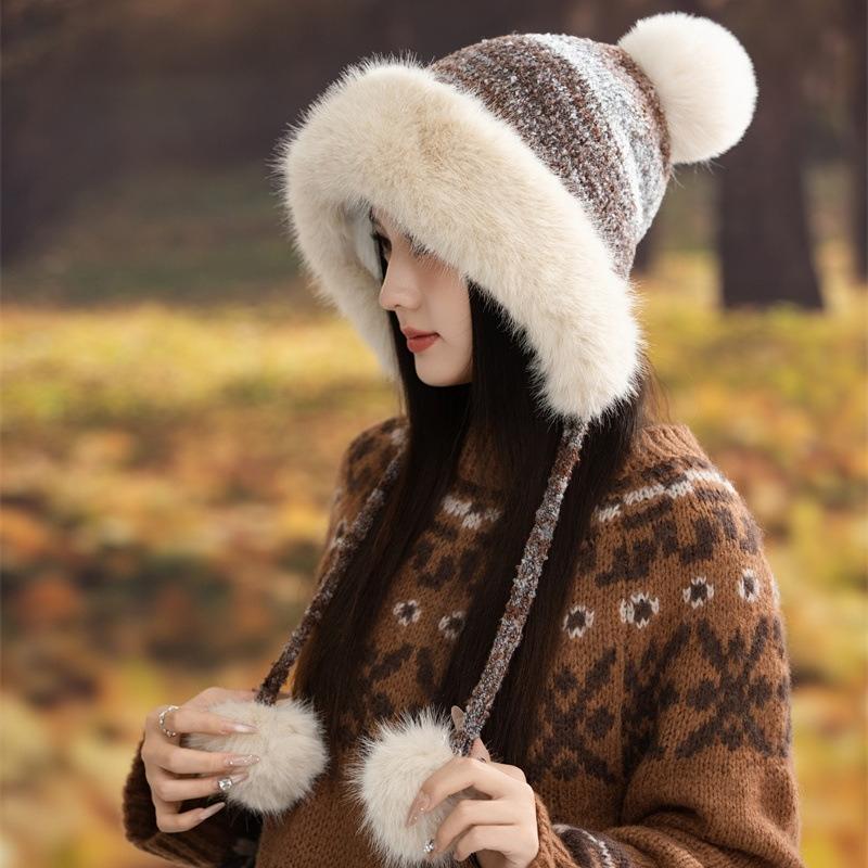 Ear Protection Knitted Thermal Hat Women's Autumn and Winter Piled Thickened Hairball Wool Colorful Hat