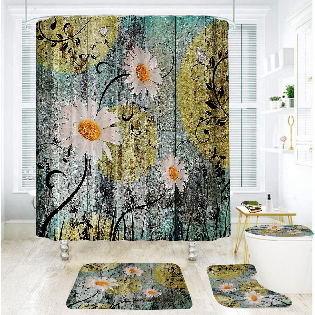 Badezimmer Duschvorhang Vierteilig Digitaldruck Holzmaserung Chrysanthemenpflanze Wasserdichter Duschvorhang Duschvorhang Trennvorhang