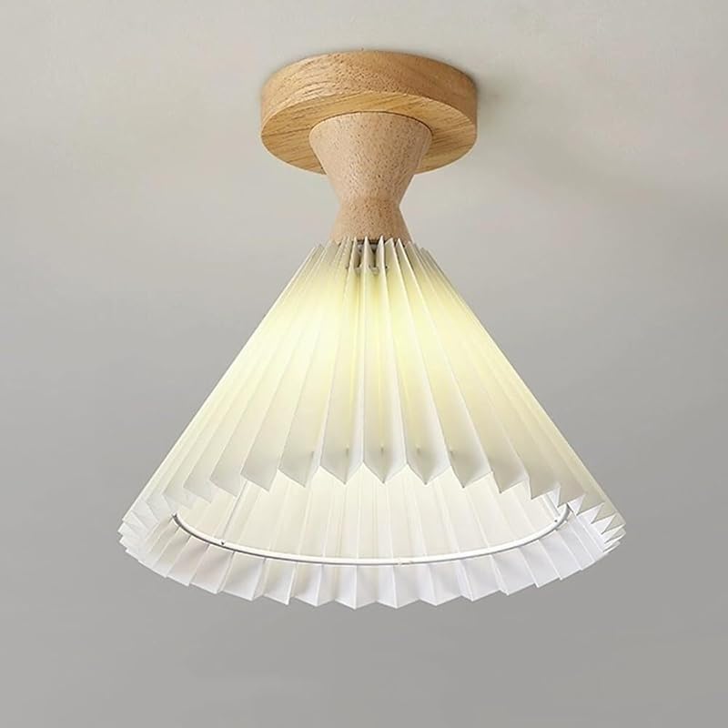 Nordic Wood Ceiling Lamp with Pleated Fabric Shade Indoor Lighting Farmhouse Semi Flush Mount Ceiling Light Fixture Vintage Close to Ceiling Light