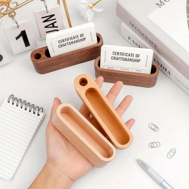 Wooden Business Card Holder with Pen Slot Desktop Display Stand Memo Note Holder and Storage Organizer Office Desk Accessory