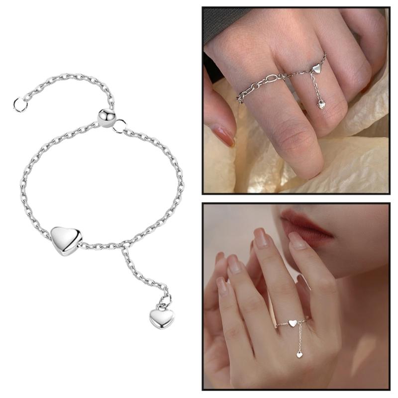 Einfache Herz Quaste Verstellbare Ringe Silberfarbe Kette Anhänger Ring Romantische Kreisringe Frauen Mädchen Fingerschmuck