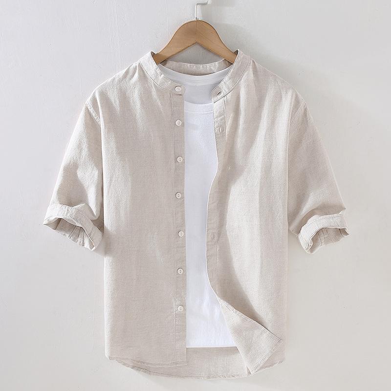Beach Summer Tops Male Japanese Style Cotton Linen Short Sleeve Shirt Stand Collar Green Shirts for Men Breathable Clothing