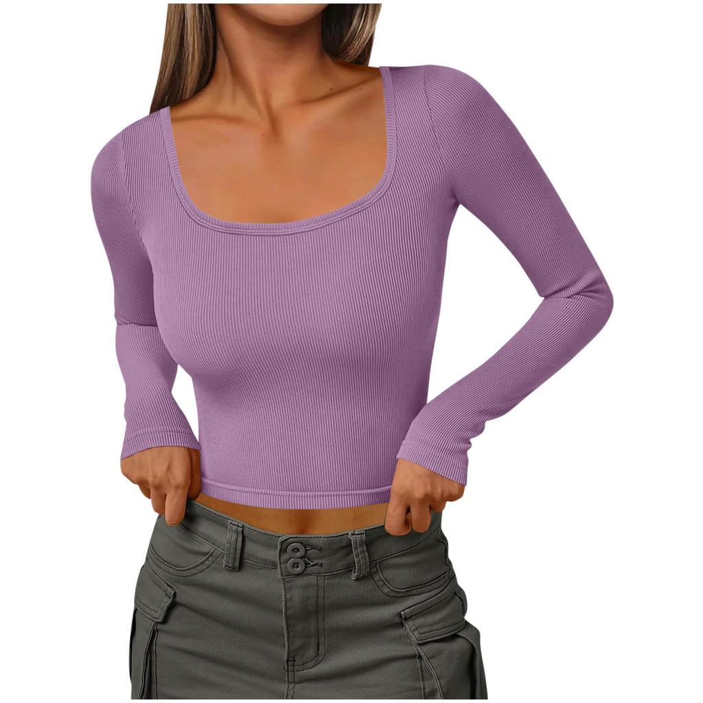 Women's Fashionable Color Thread Slim Fit U-neck Long Sleeved Shirt With Sexy Short Fitting Inside