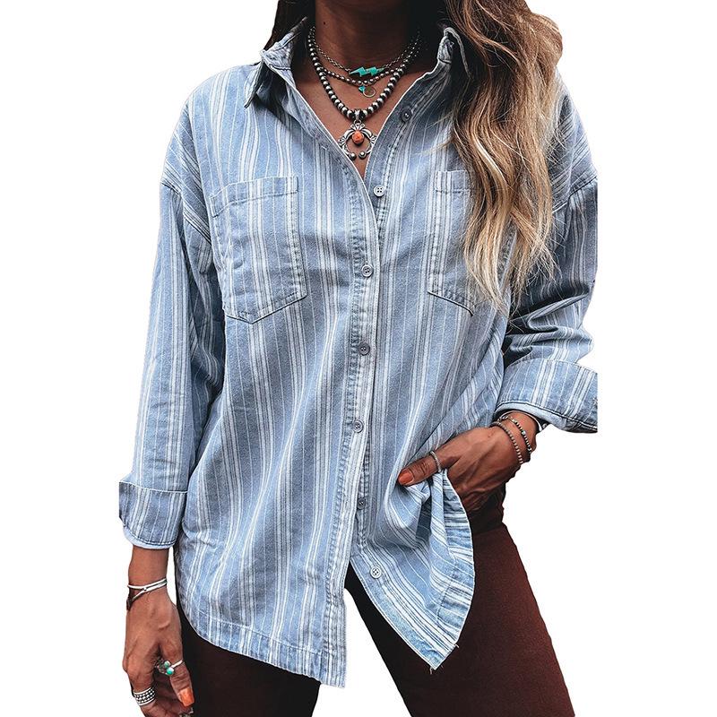 

Women s 2025 Winter Striped Denim Jacket - Casual, Versatile, Single-Breasted Design Small