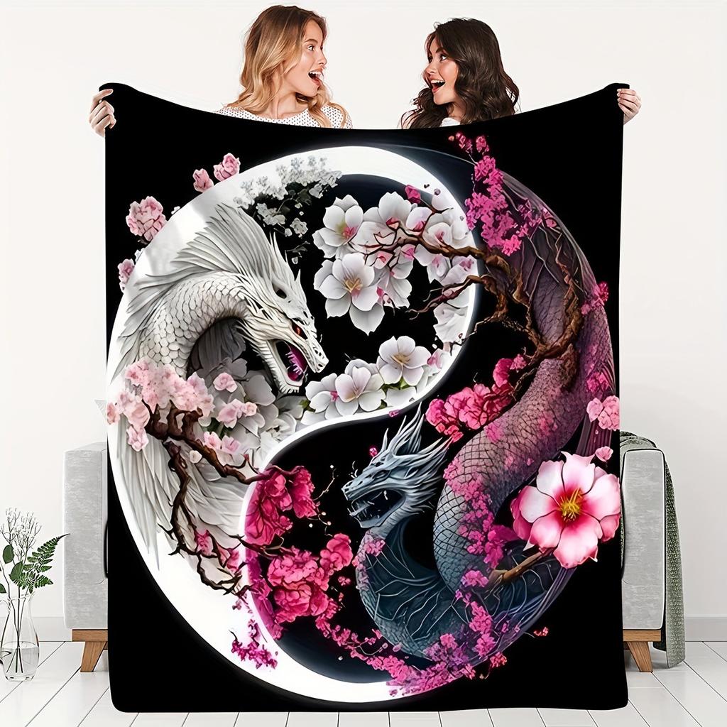 Yinyang Dragon Printed Blanket Soft Plush Flannel Blanket Suitable For Sofa Office Blanket