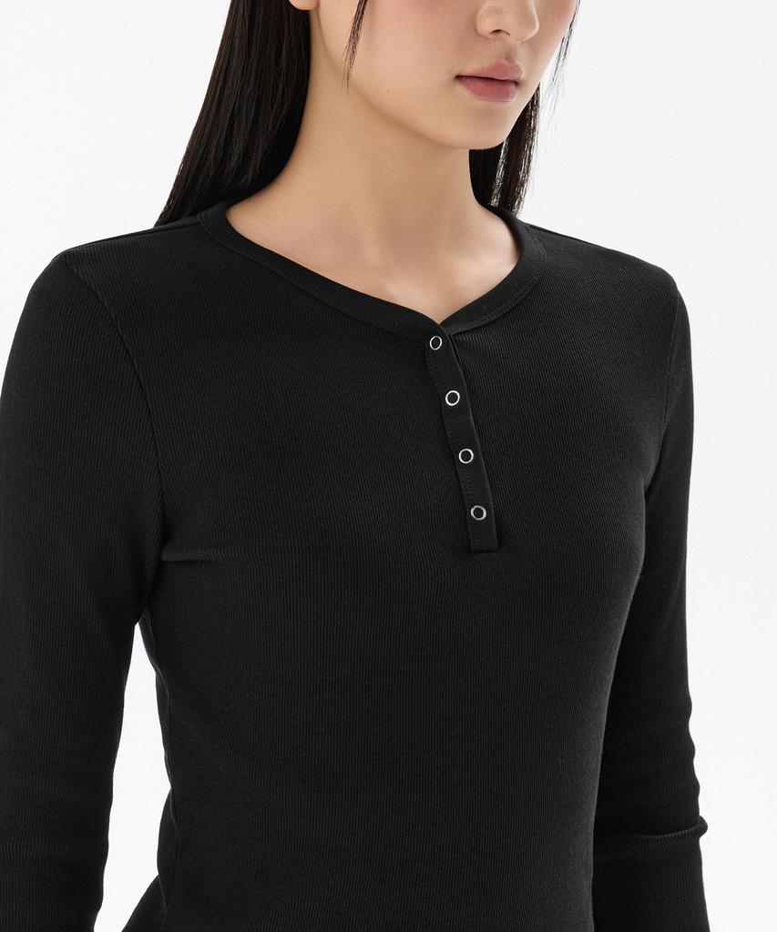 Musinsa Standard Woman Women'S Ribbed Y-Neck Long Sleeve Mini Dress [Black]