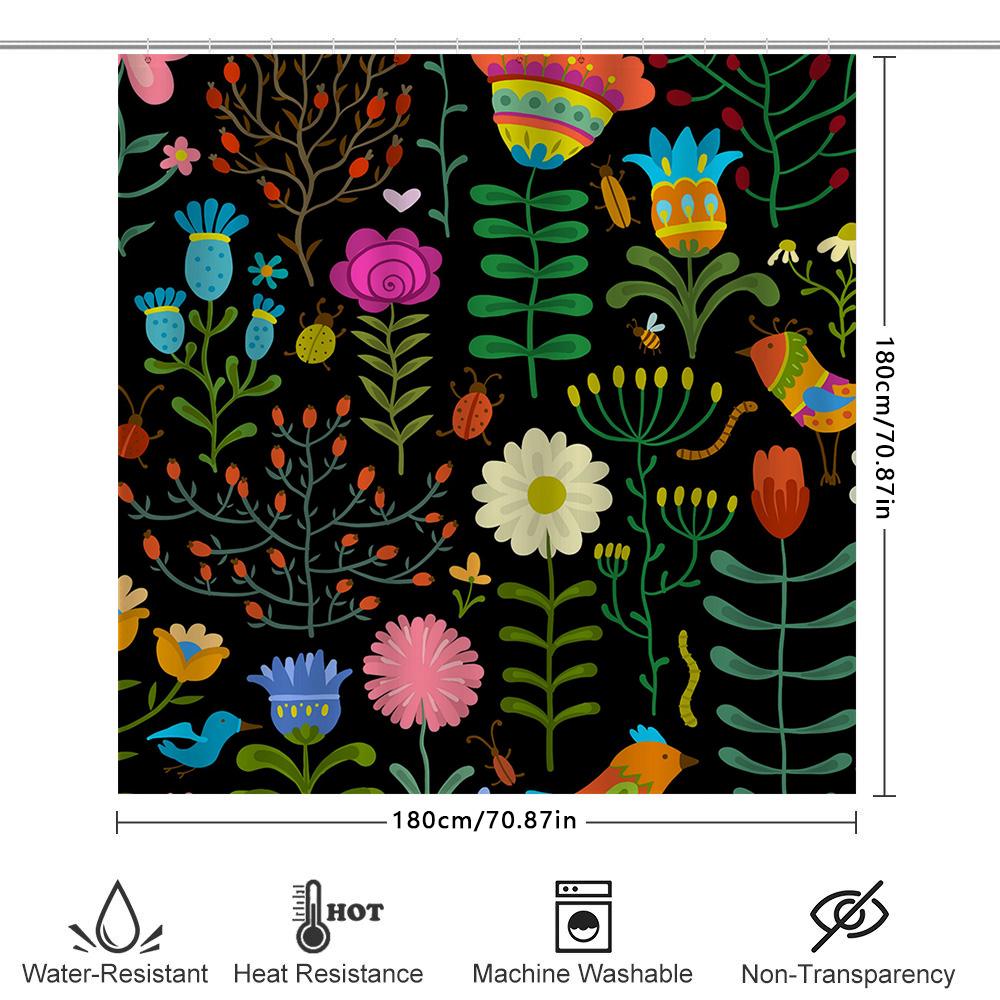 Colorful Shower Curtain With Floral Patterns Decorative Bathroom Accessories For Home Decoration Black Background With Flowers
