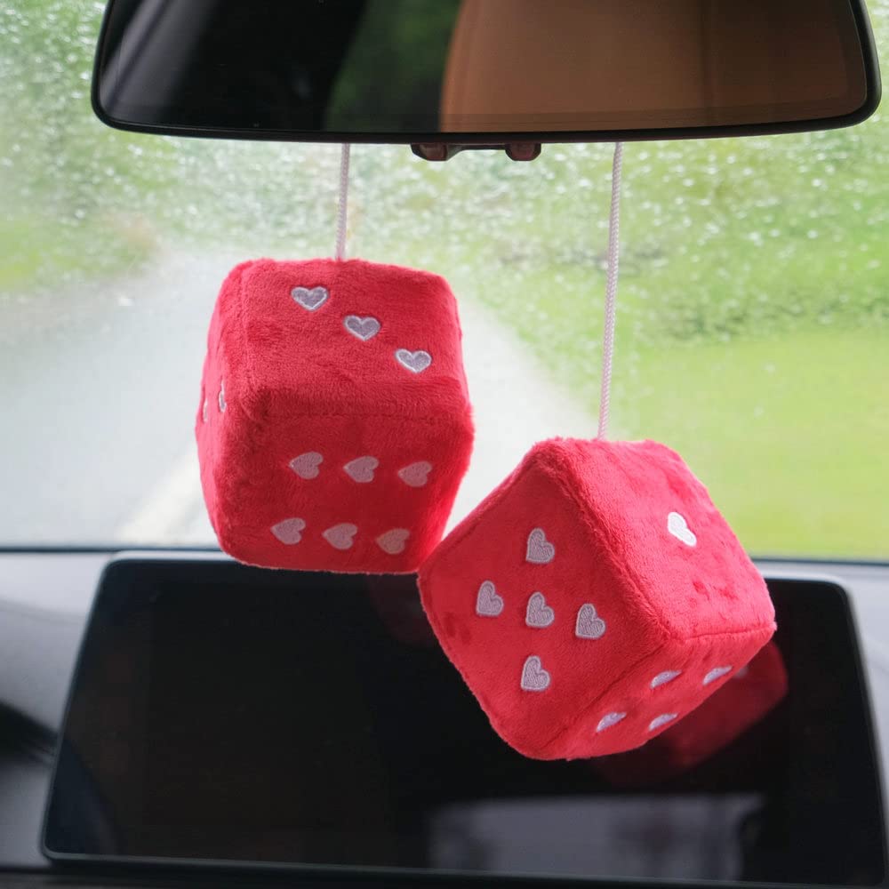 1 Pair 3" Fuzzy Plush Dice Heart Shape Decorative Car Rearview Mirror Retro Square