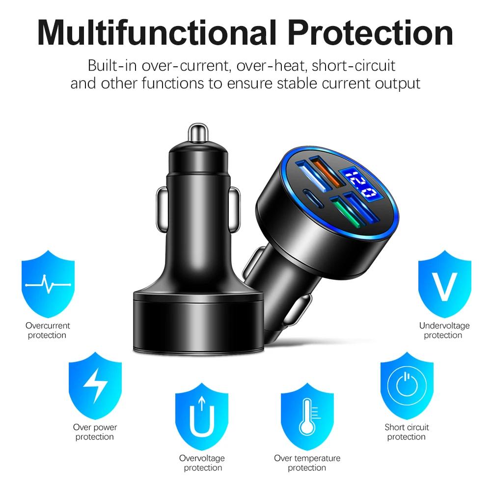 USB C Car Charger PD Type C 20W Muti 5 Ports Fast Charging 3.1A Mobile Phone Car Adapter LED Digital Display for Iphone Xiaomi
