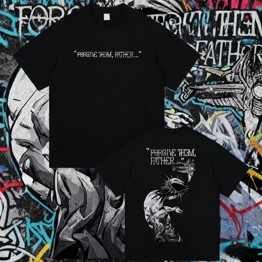 2025 Summer Christian Religious Jesus Forgive Them Father 100% Pure Cotton Printed Gothic Rock Oversized Male Breathable Tshirt