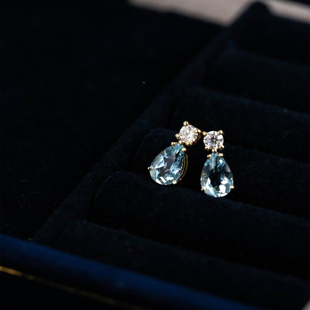 S925 Sterling Silver Plated 14K Gold Water Droplet Blue Zircon Earrings Light Luxury Trendy Fashionable Earrings for Women