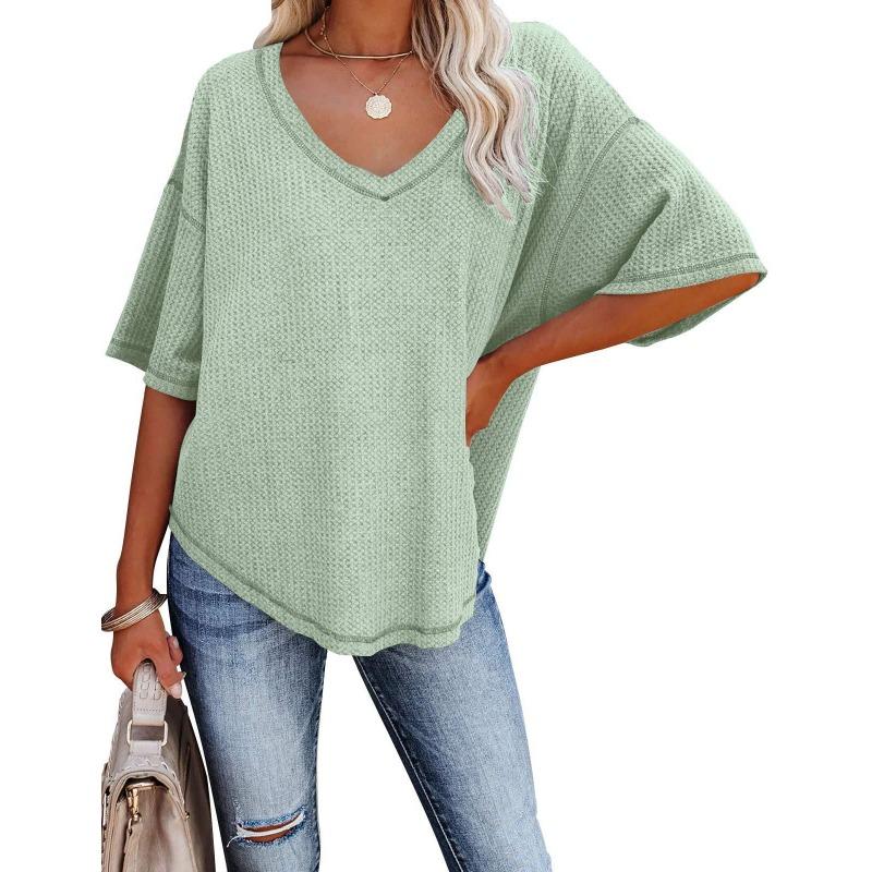 Summer Women's T-shirt V-neck Waffle Casual Loose Short-sleeved T-shirt