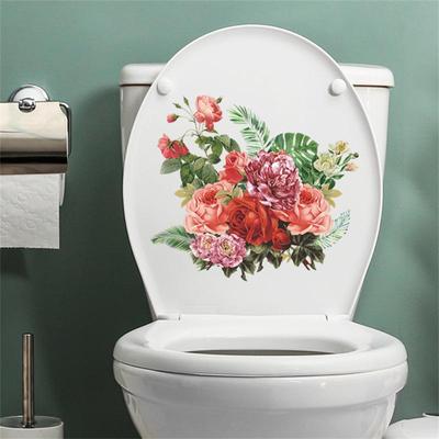 Peony Flower Toilet Stickers Self-adhesive Paintings Mural Wall Stickers For Bathroom Bedroom Decor