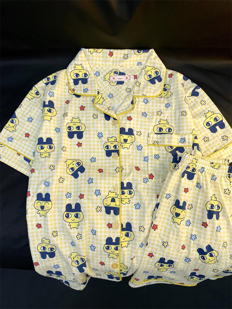 

Sweet yellow plaid Tuoma gezi cartoon pajamas women s summer short-sleeved shorts two-piece set student loungewear S
