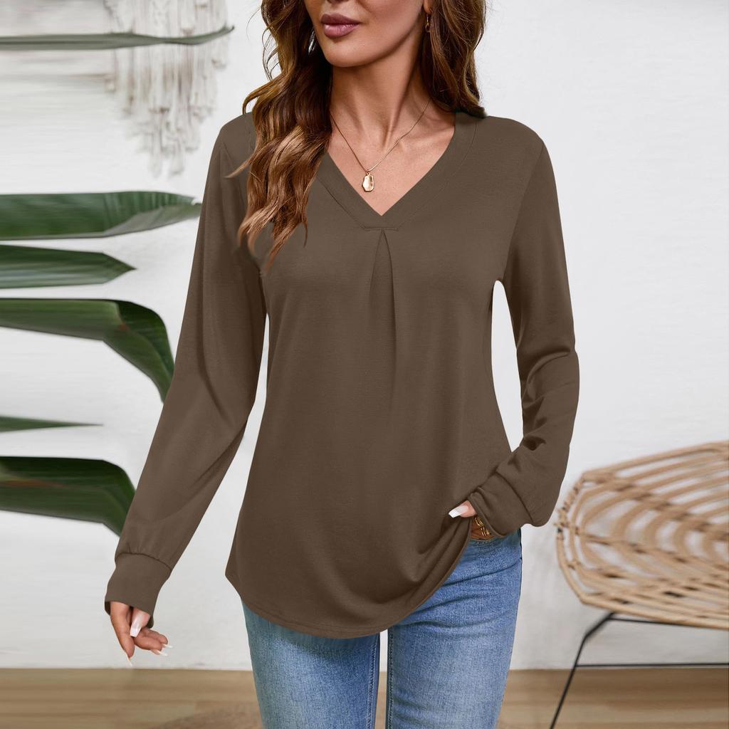 Damen Langarm V-Ausschnitt Bluse Business Casual Tunika Oberteil Locker Geschnitten Arbeitshemd
